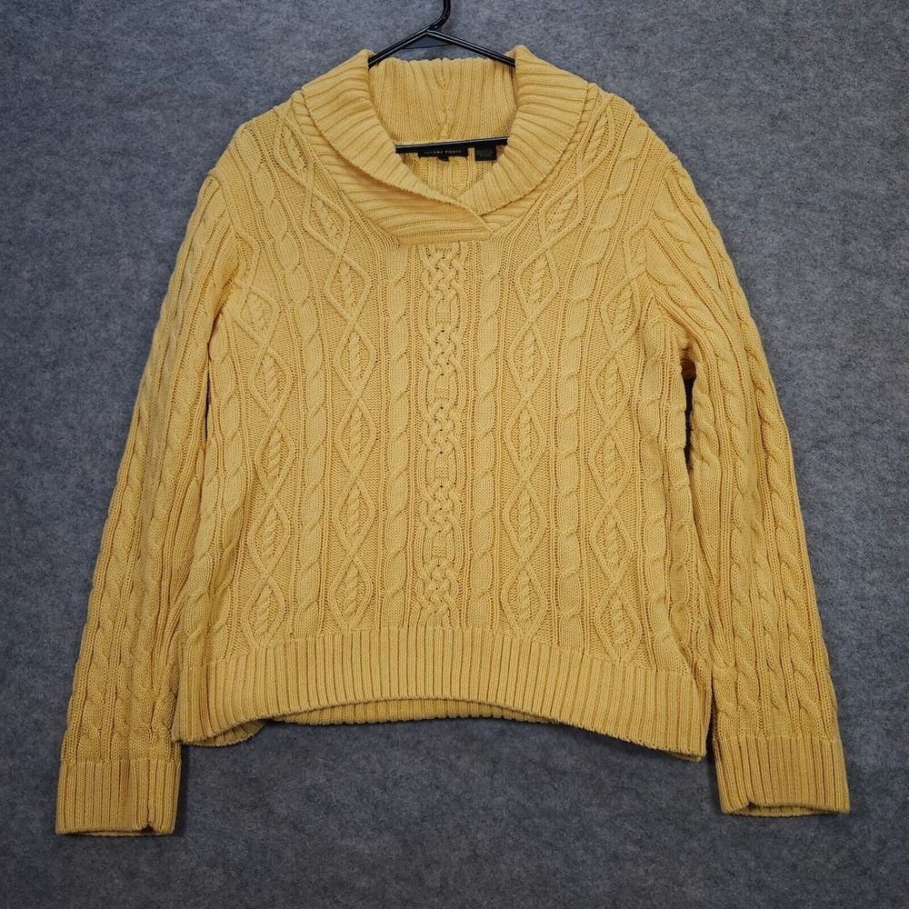 Jeanne Pierre Cable Knit Sweater Women XL Yellow Coastal Cozy Academia Fisherman